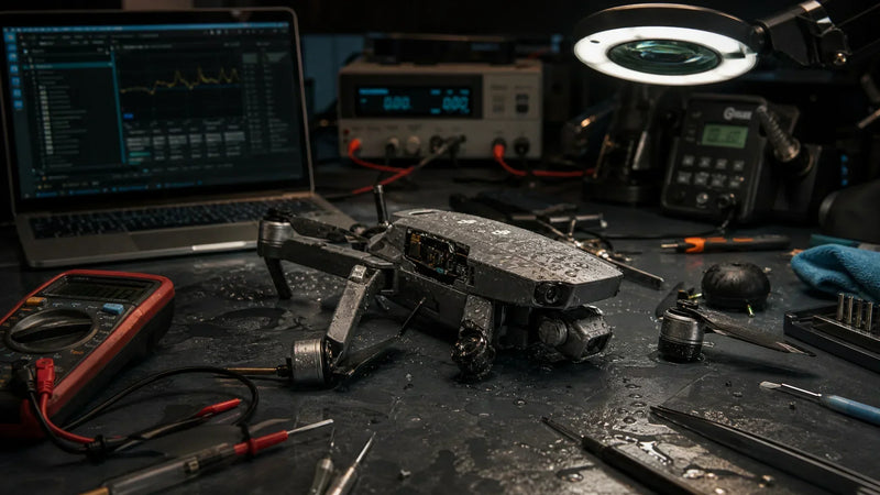 Water-exposed DJI drone isolated on a bench before safe inspection