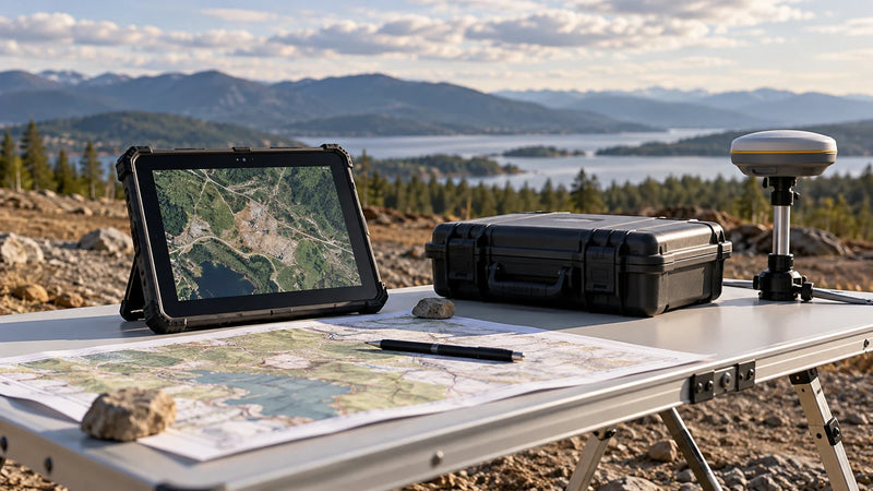 Survey planning table with a rugged tablet, map and GNSS equipment case beside an open survey site.