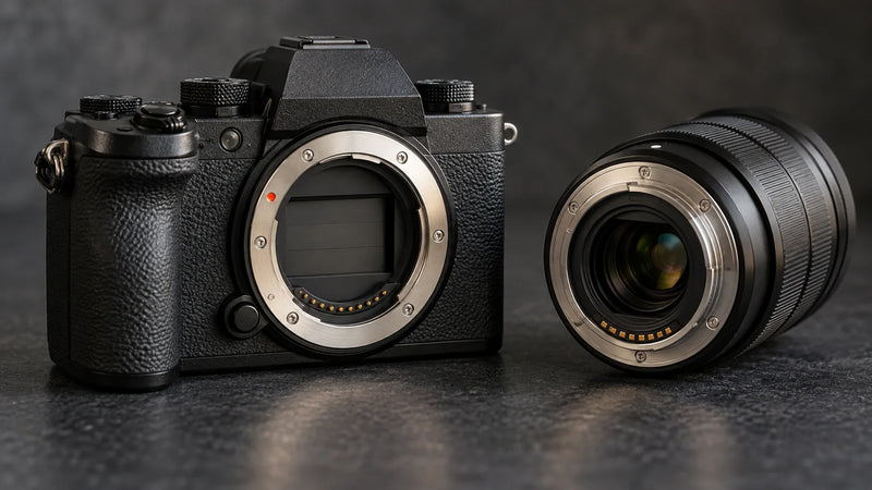 Close-up of an unbranded camera body and detached lens on a workbench, illustrating image capture hardware.