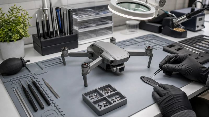 Editorial repair-guide image of a compact camera drone on a professional repair workbench