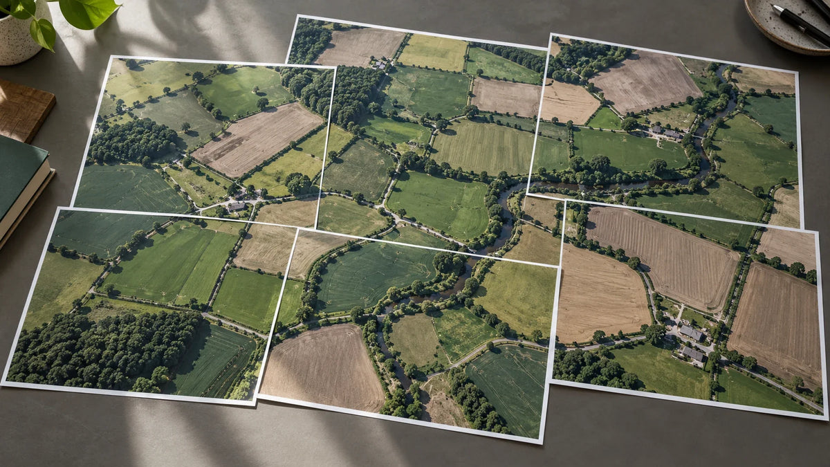 Overlapping printed aerial photographs of farmland arranged to show shared ground features.