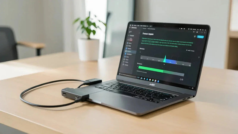 Laptop and connection cable prepared for a drone firmware readiness review