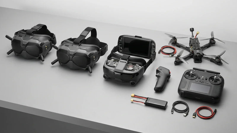 DJI FPV goggles, controller, battery and aircraft arranged for compatibility verification