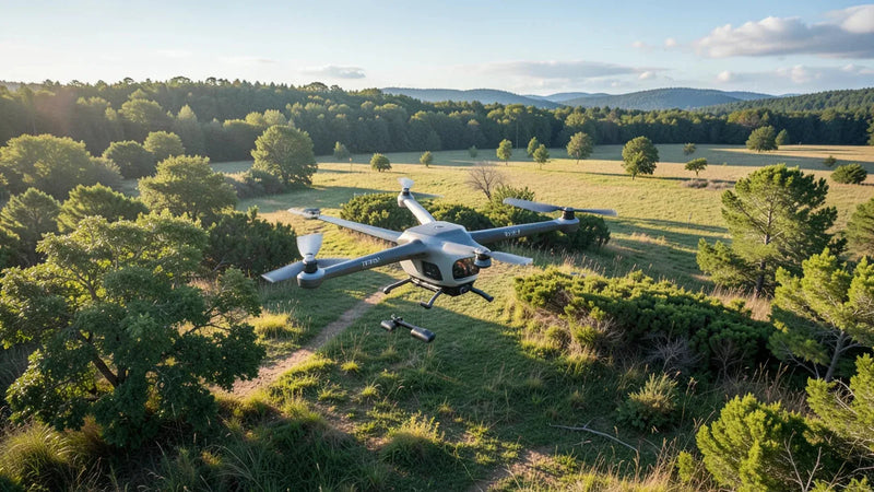DJI camera drone positioned in an outdoor field before a used-equipment review