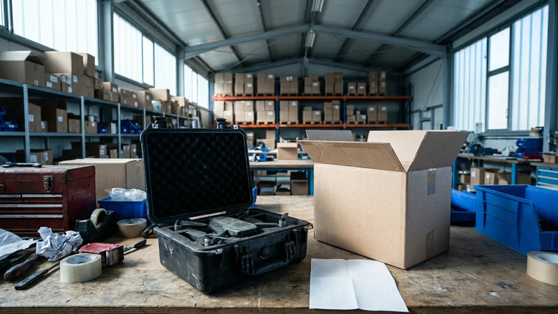 Used camera drone in a padded case beside an unbranded shipment carton