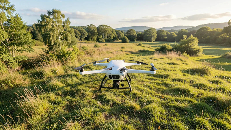 Camera drone positioned above a rural property landscape for a pre-flight planning review