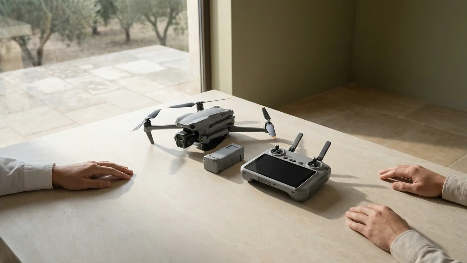 DJI Air 3S, DJI RC 2 and battery documented at repair intake