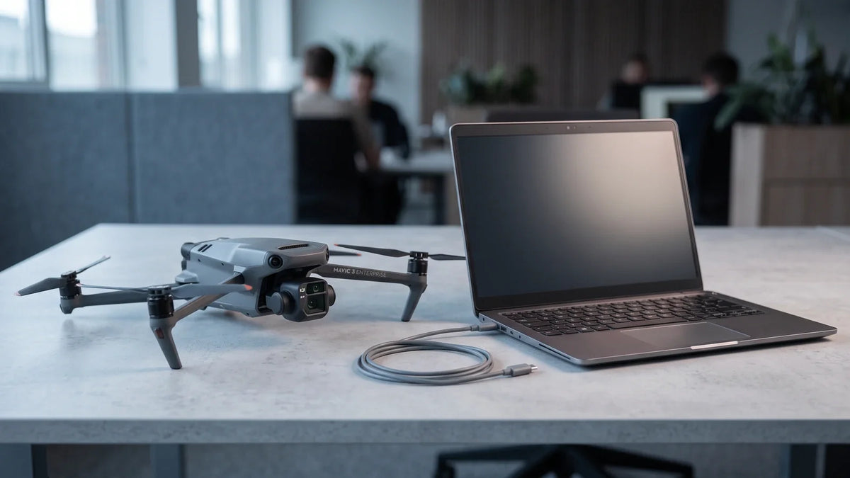 DJI Mavic 3 Enterprise beside a laptop for a supported DJI Assistant 2 compatibility check