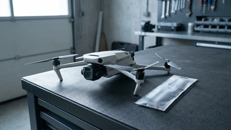 DJI Mavic 3 Pro propellers arranged for blade root hub and fastener inspection