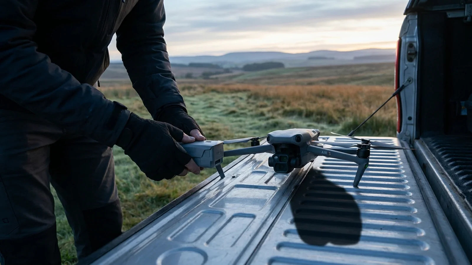 DJI Air 3 battery condition checked during a natural-light field preflight