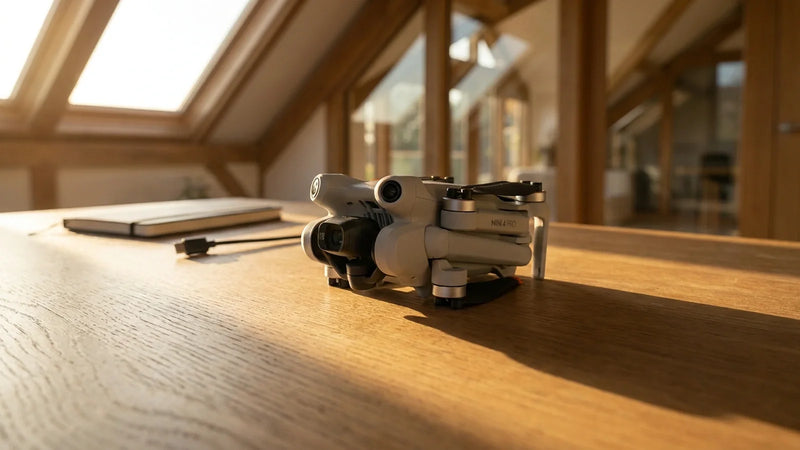 Powered-off DJI Mini 4 Pro prepared for an exact-product battery charging check