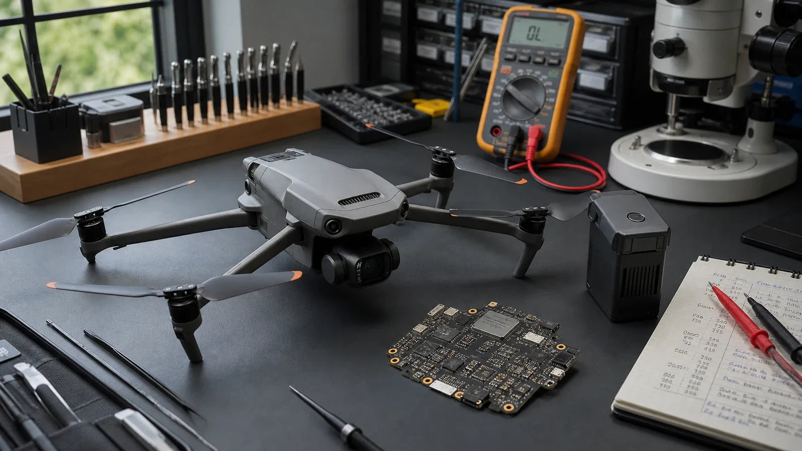 DJI drone and documented board evidence prepared for professional short-circuit diagnosis