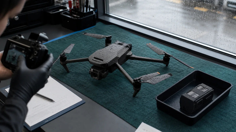 DJI drone and isolated battery documented before professional water-damage inspection