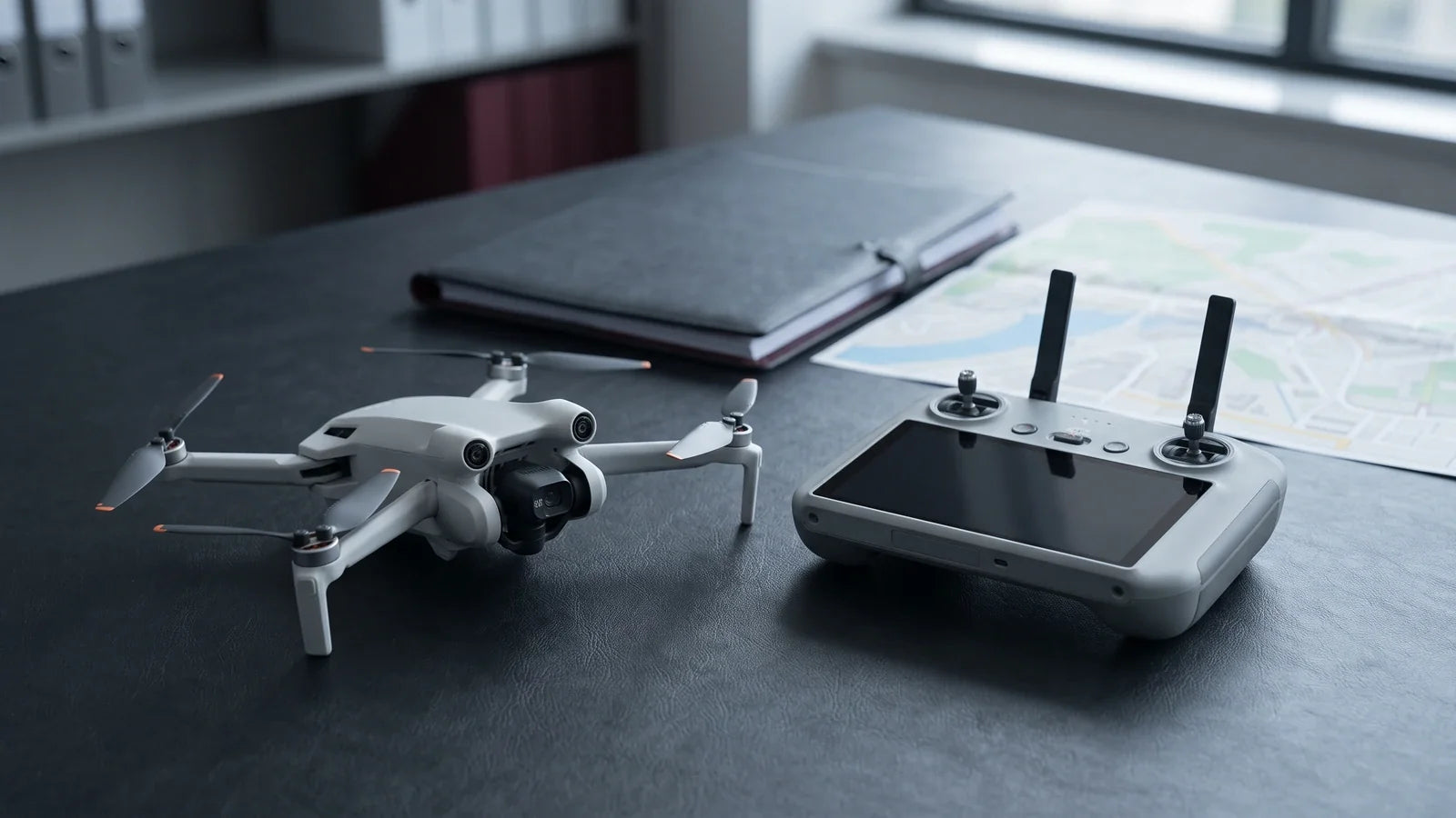 DJI Mini 4 Pro grounded beside a flight authorization planning folder