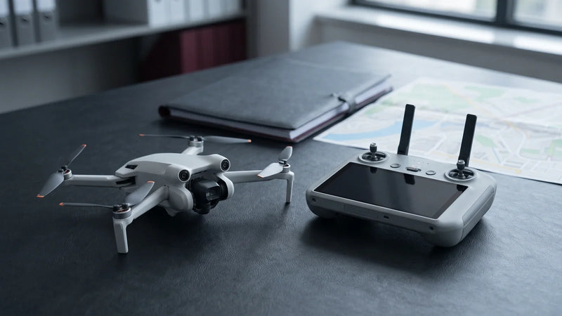 DJI Mini 4 Pro grounded beside a flight authorization planning folder
