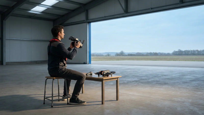DJI Avata 2 pilot pausing with Goggles Integra in a daylight training hangar