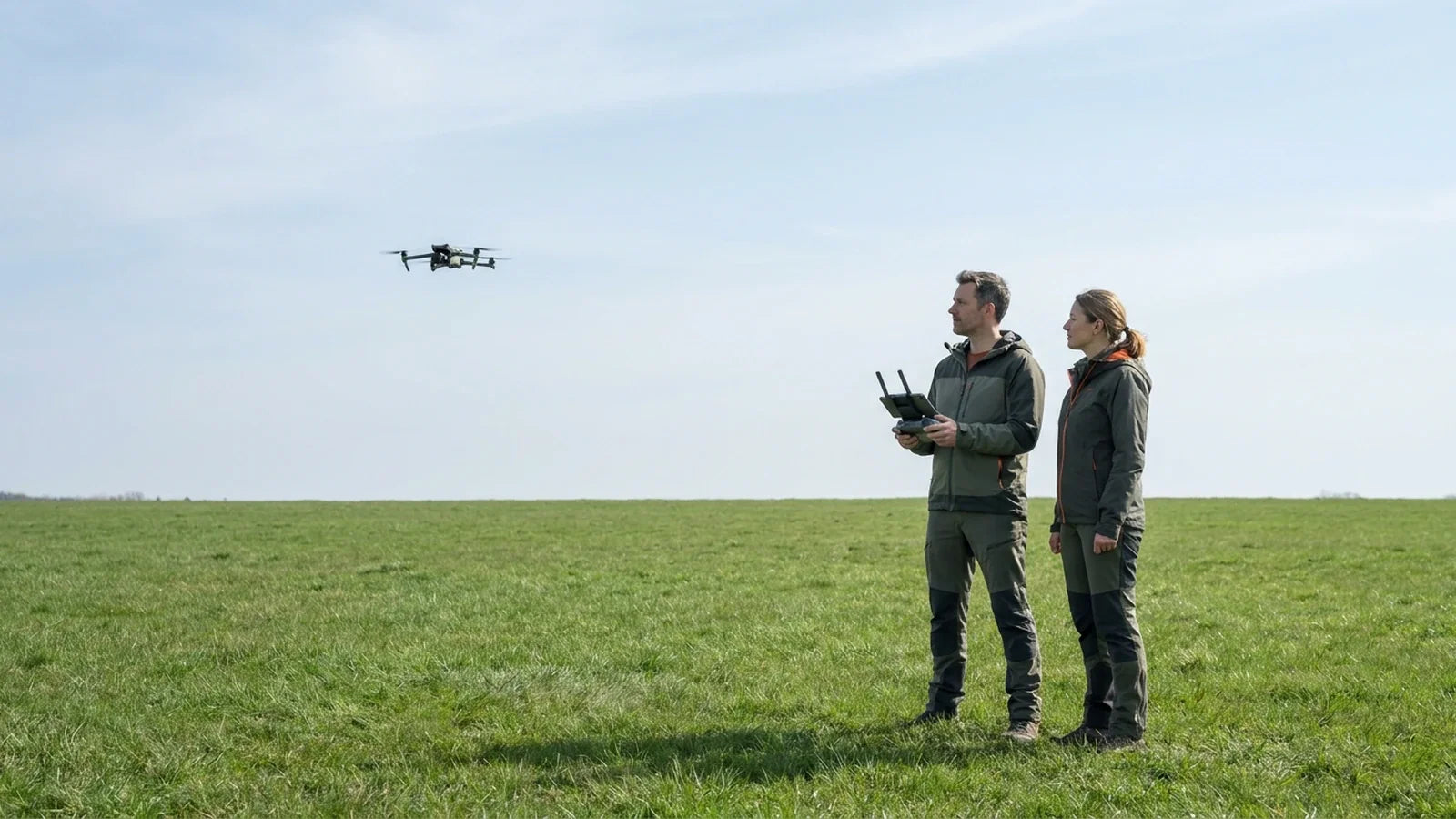 DJI Air 3S pilot and observer maintaining visual line of sight during a controlled flight