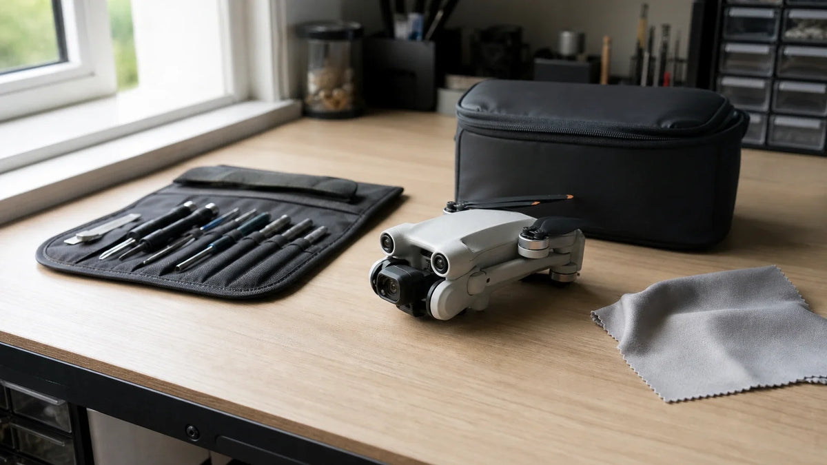 DJI Mini 3 Pro on a clean repair bench prepared for an evidence-led diagnosis and written repair decision