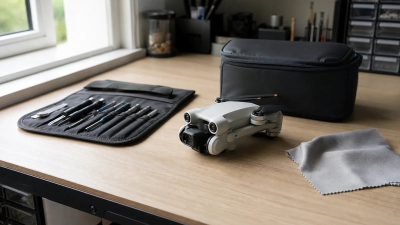 DJI Mini 3 Pro on a clean repair bench prepared for an evidence-led diagnosis and written repair decision