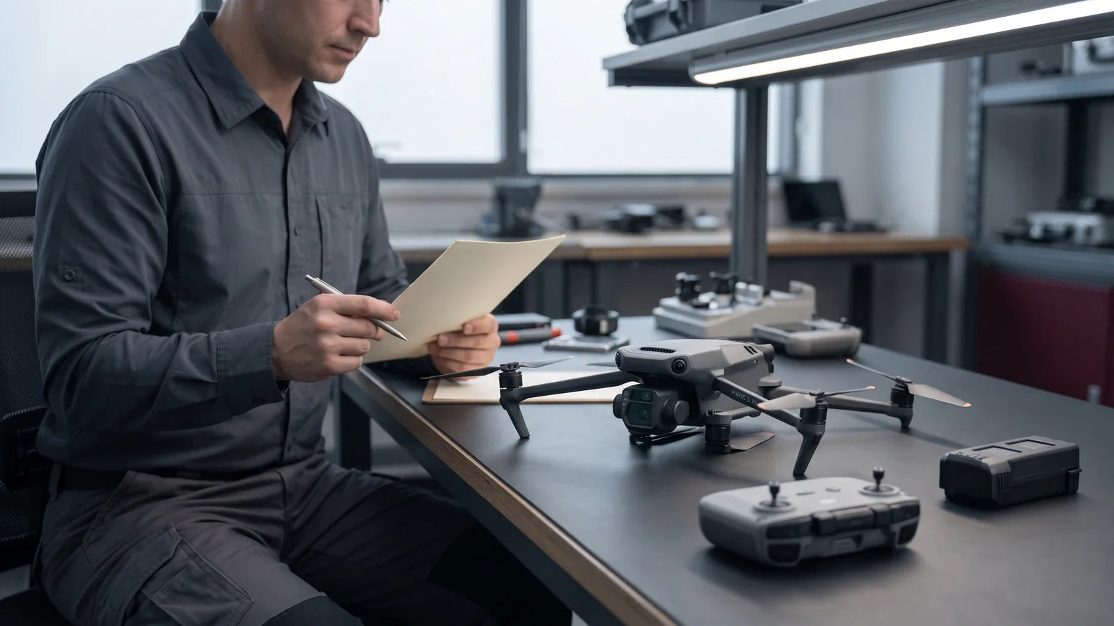 DJI Mavic 3 Pro on an inspection bench before a documented drone repair quote