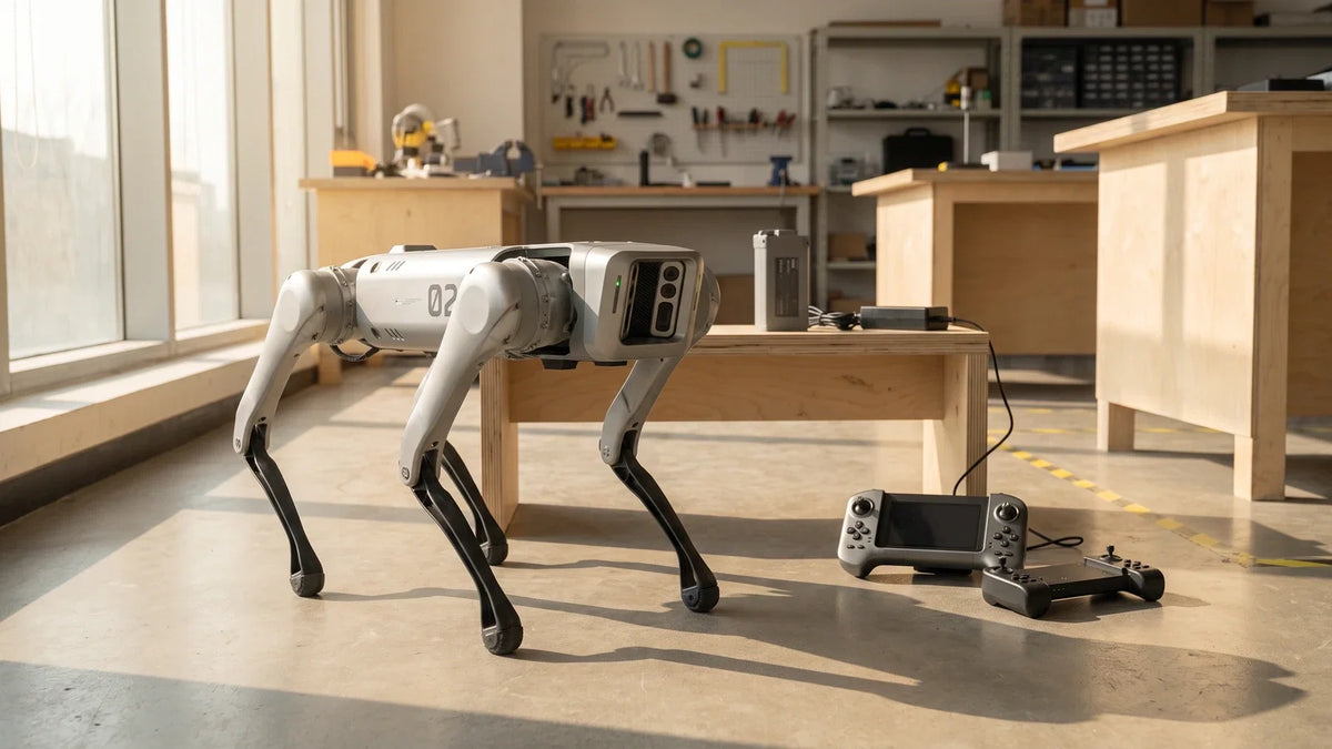Unitree Go2 quadruped robot prepared for joint battery calibration and perception diagnosis