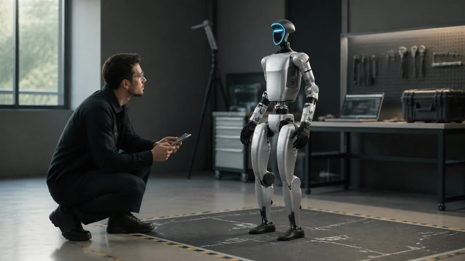 Unitree G1 humanoid robot assessed in a professional Reboot Hub robotics workshop