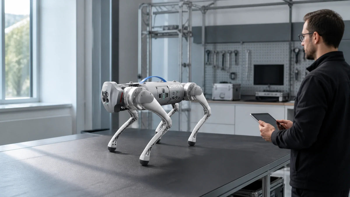 Unitree Go1 Pro quadruped robot evaluated in a premium robotics repair studio