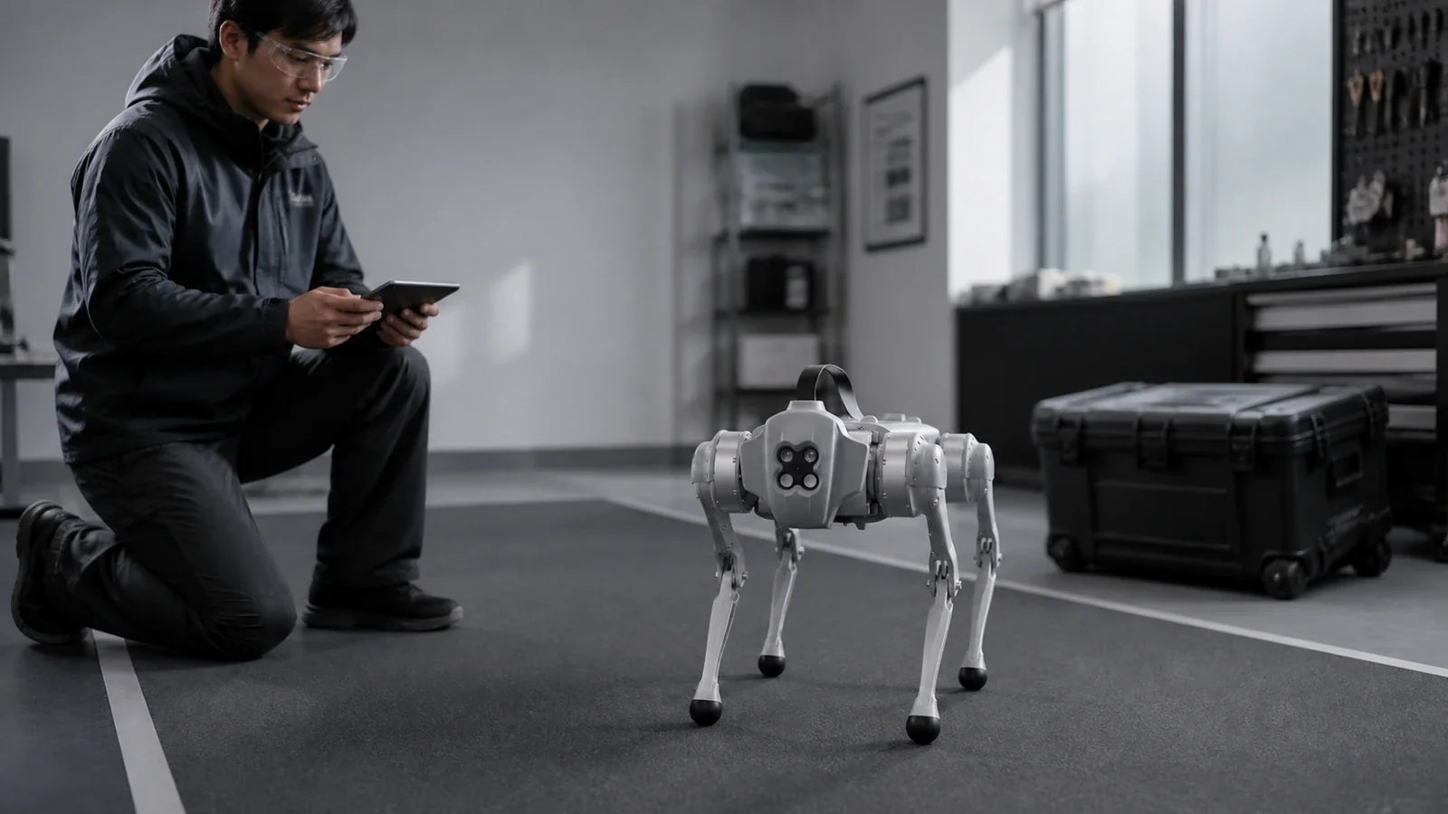 Unitree Go1 quadruped robot assessed in a professional robotics diagnostics studio