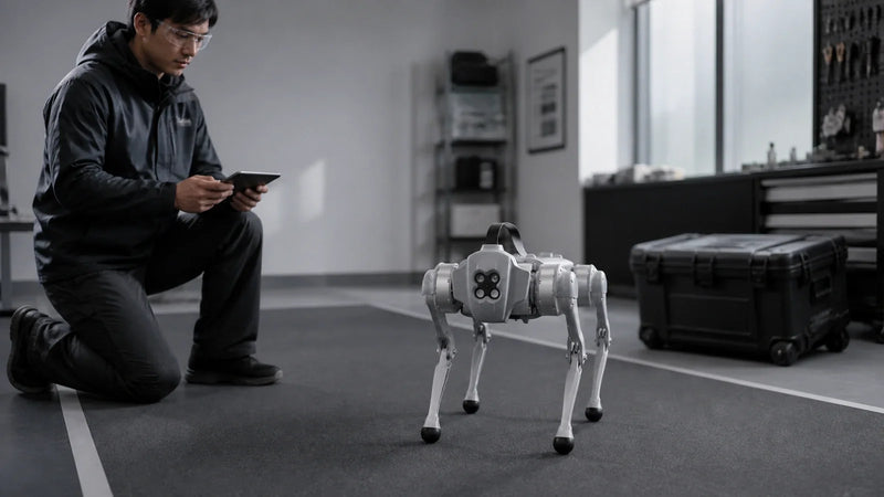 Unitree Go1 quadruped robot assessed in a professional robotics diagnostics studio
