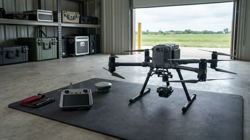 DJI Matrice 350 RTK prepared beside an RTK controller and field equipment for GNSS positioning diagnosis