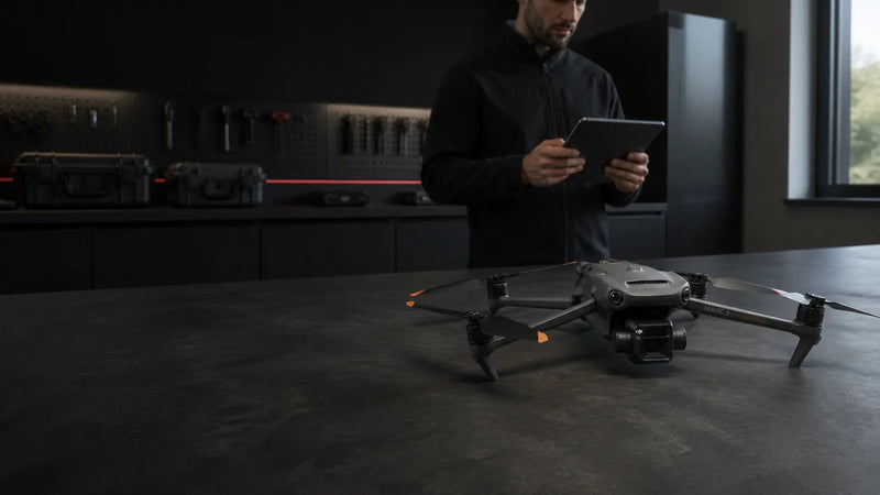 DJI Mavic 3 Enterprise on an engineering bench while a technician reviews flight-controller telemetry