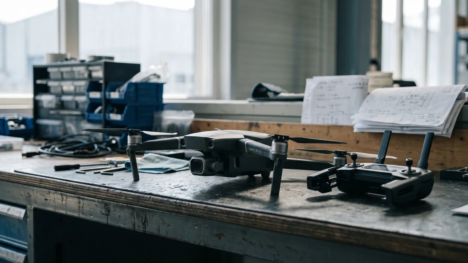 DJI Mavic 2 Pro on a workshop bench illustrating the airframe, camera and four-rotor flight system