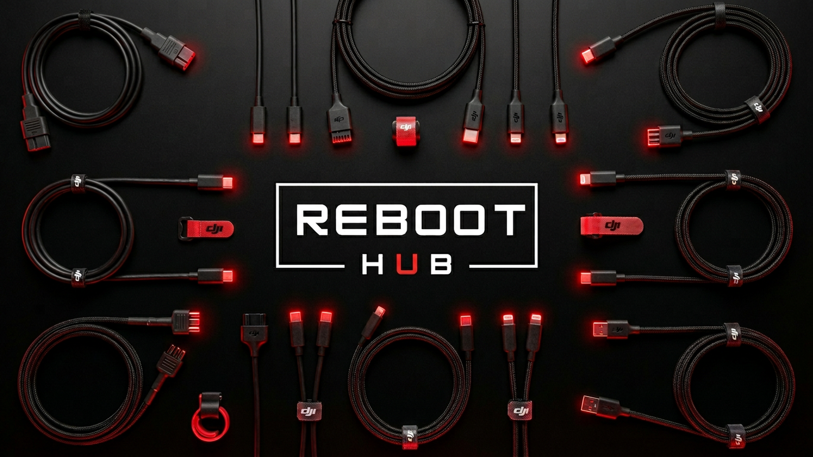 DJI cables and adapters with Reboot Hub branded connector layout

