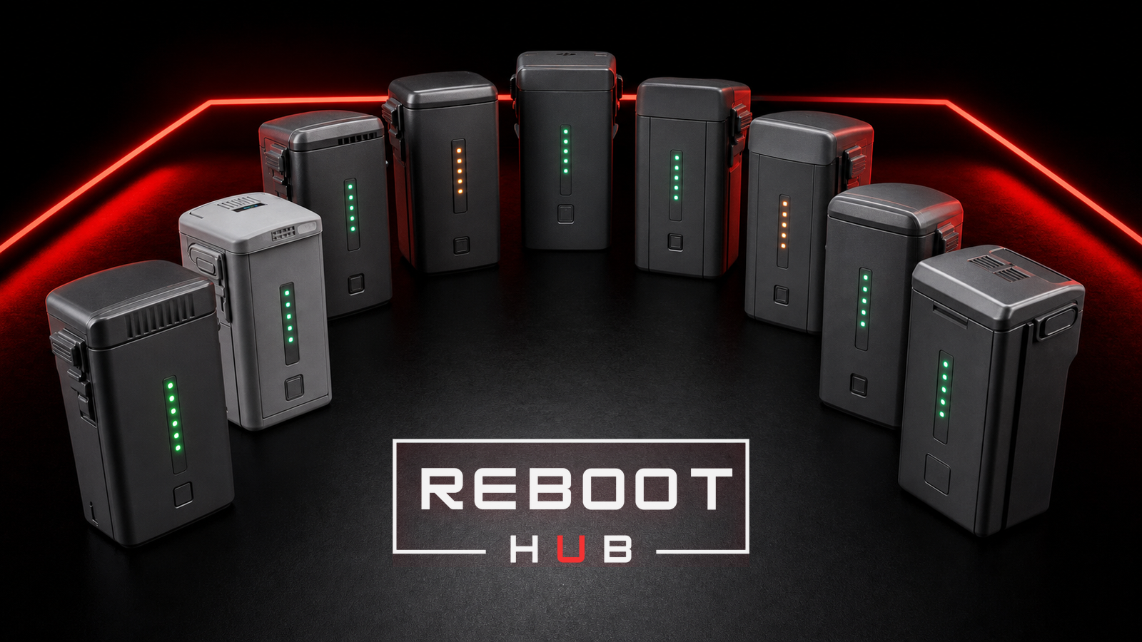DJI drone batteries and intelligent flight batteries with Reboot Hub branding
