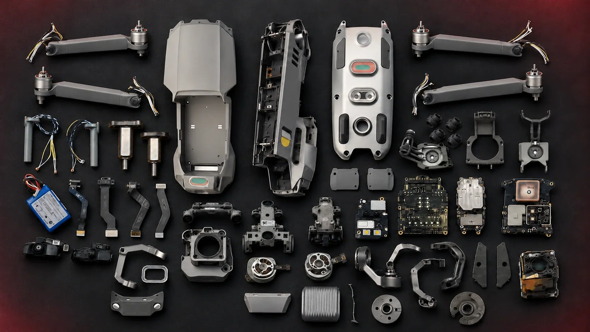 Illustrative teardown-style arrangement of DJI Mavic 2 Pro shells, four arms, camera and gimbal components, boards, sensors and cables; parts sold separately

