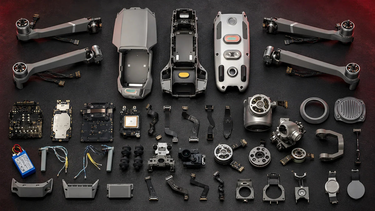 Illustrative teardown-style arrangement of DJI Mavic 2 Zoom shells, four arms, camera and gimbal components, boards, sensors and cables; parts sold separately
