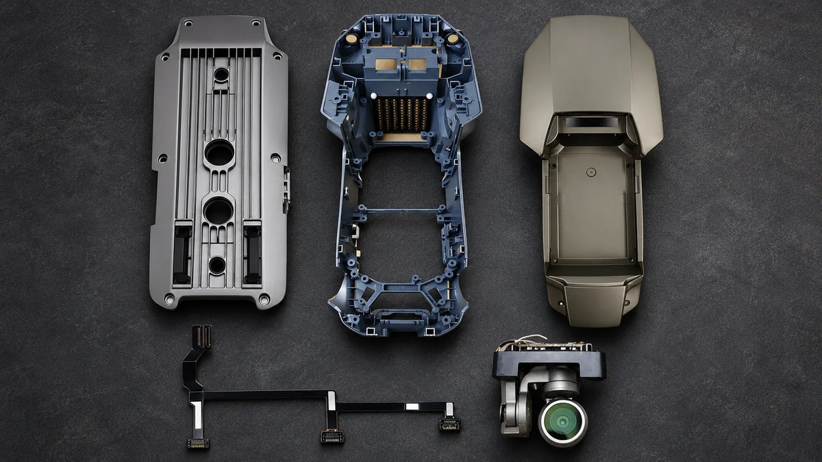 Illustrative arrangement of DJI Mavic Pro Platinum silver-grey shells and blue-grey middle frame, gimbal camera and flexible flat cable on a charcoal surface
