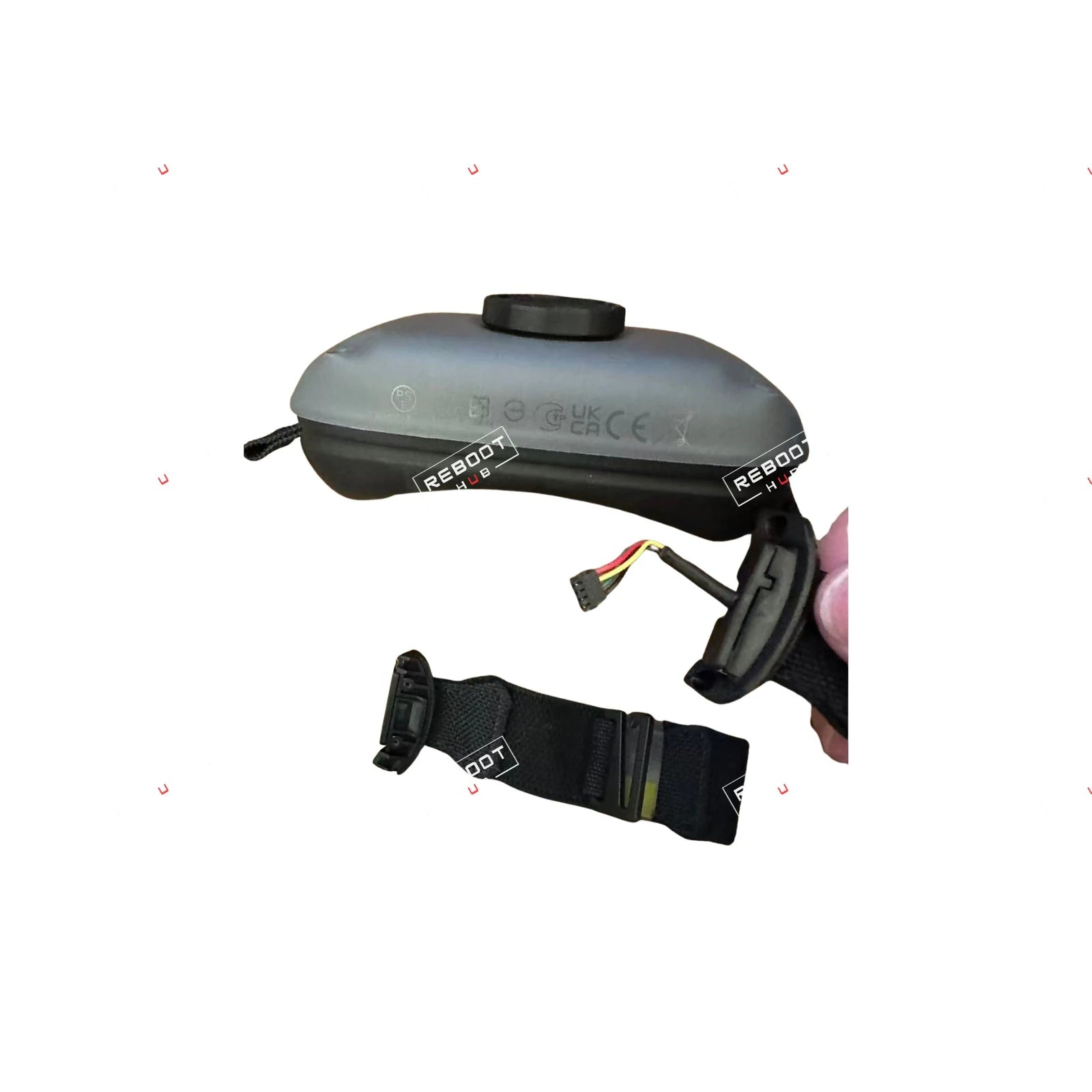 DJI Goggles Integra battery compartment side label, wiring connector, and top headband