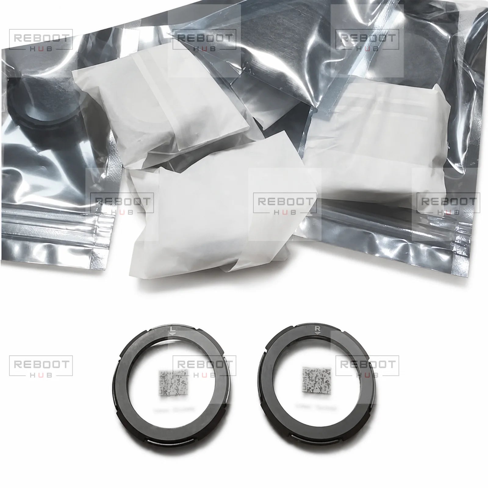 OEM-pulled DJI Goggles 2 eyeglass frame pair with protective packets on a white background