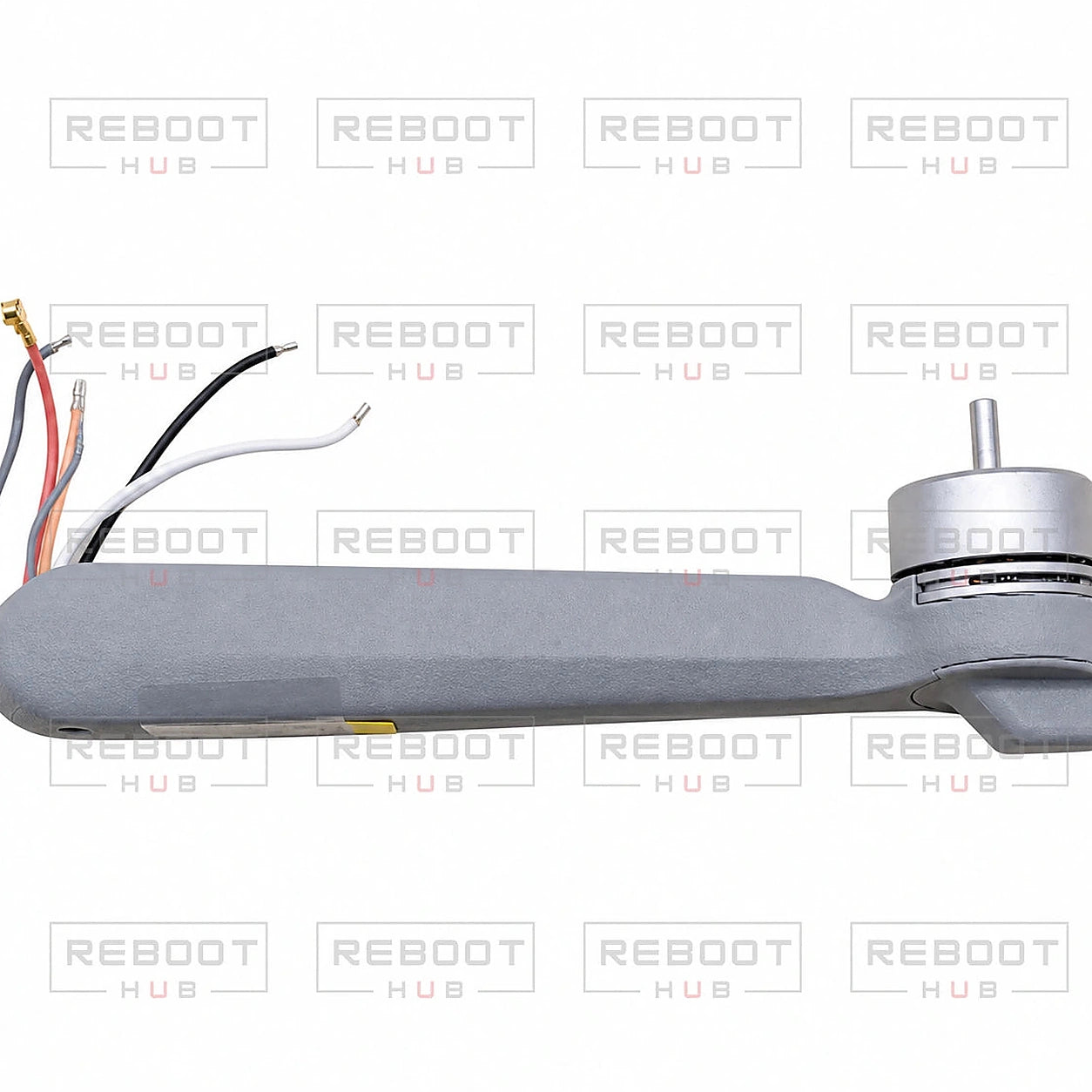 DJI Air 2S Rear Left Arm Module close detail view on white with Reboot Hub watermark overlay