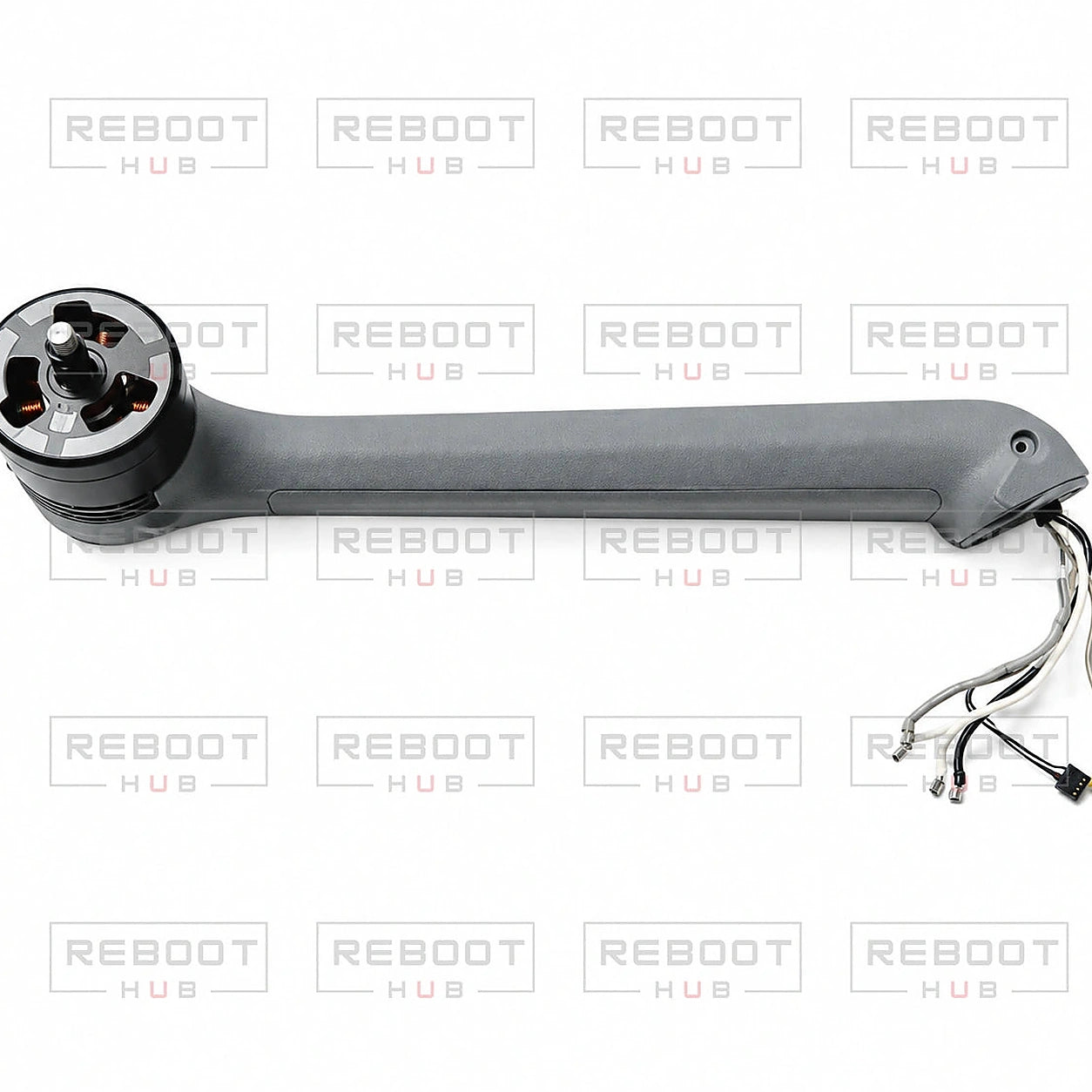 DJI Air 3 Rear Arm Left close detail view on white with Reboot Hub watermark overlay