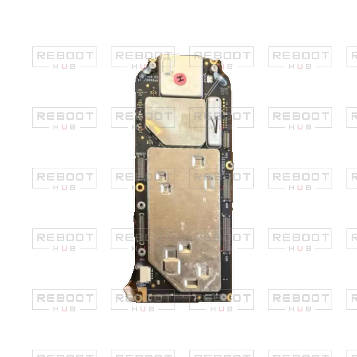 OEM-pulled DJI Air 3S Motherboard on white with Reboot Hub watermark overlay — source view 6