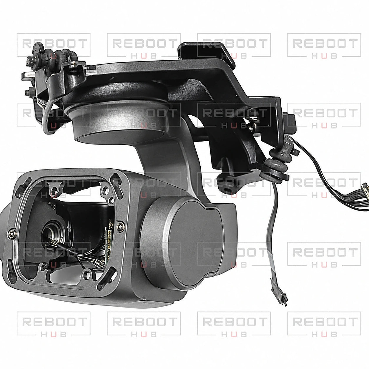 DJI Air 2S Complete Gimbal Arm Assembly Module without Camera Core close detail view on white with Reboot Hub watermark overlay