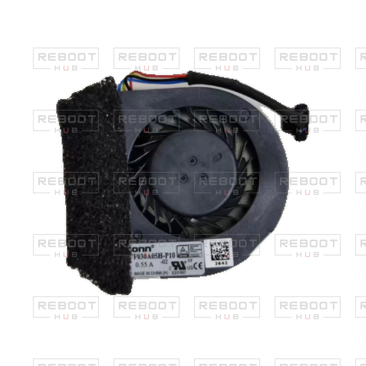 OEM-pulled DJI Air 2S Cooling Fan on white with Reboot Hub watermark overlay — source view 3