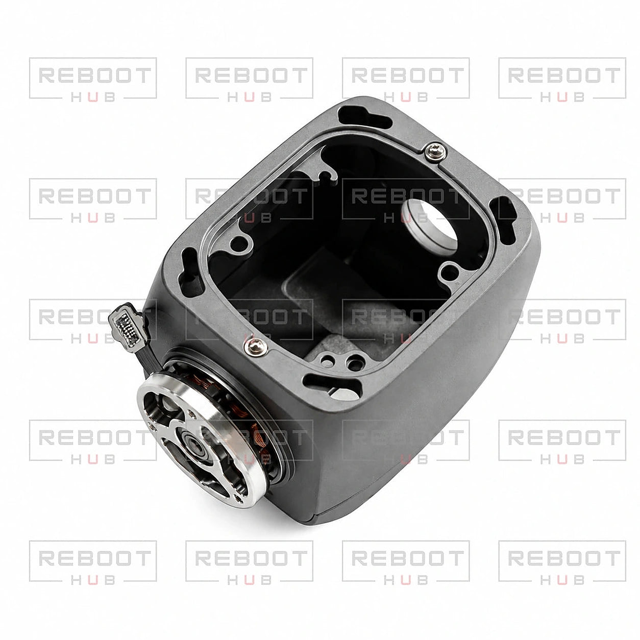 DJI Air 2S Gimbal Lens Frame with Pitch Motor close detail view on white with Reboot Hub watermark overlay