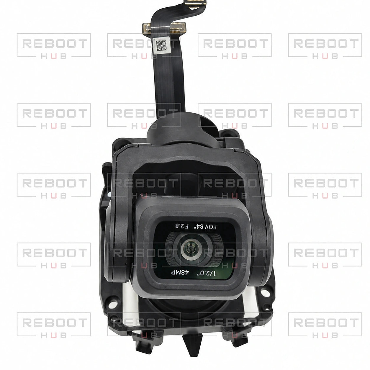 DJI Mavic Air 2 Complete Gimbal Arm Assembly with Flexible Flat Cable and Camera Core close detail view on white with Reboot Hub watermark overlay