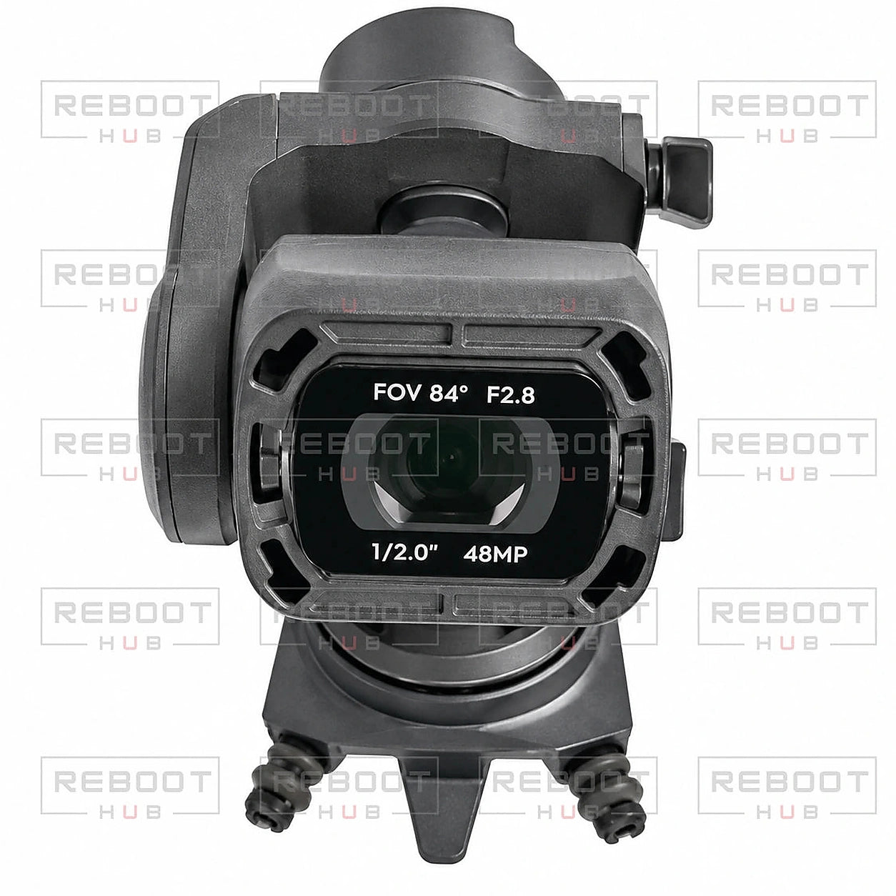 DJI Mavic Air 2 Gimbal Arm Assembly Module close detail view on white with Reboot Hub watermark overlay