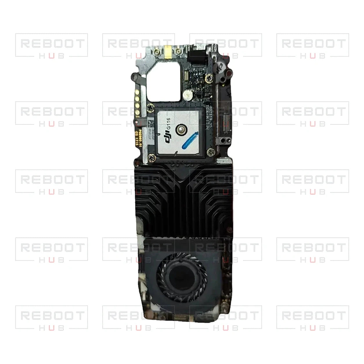 DJI Spark Motherboard with GPS Module close detail view on white with Reboot Hub watermark overlay