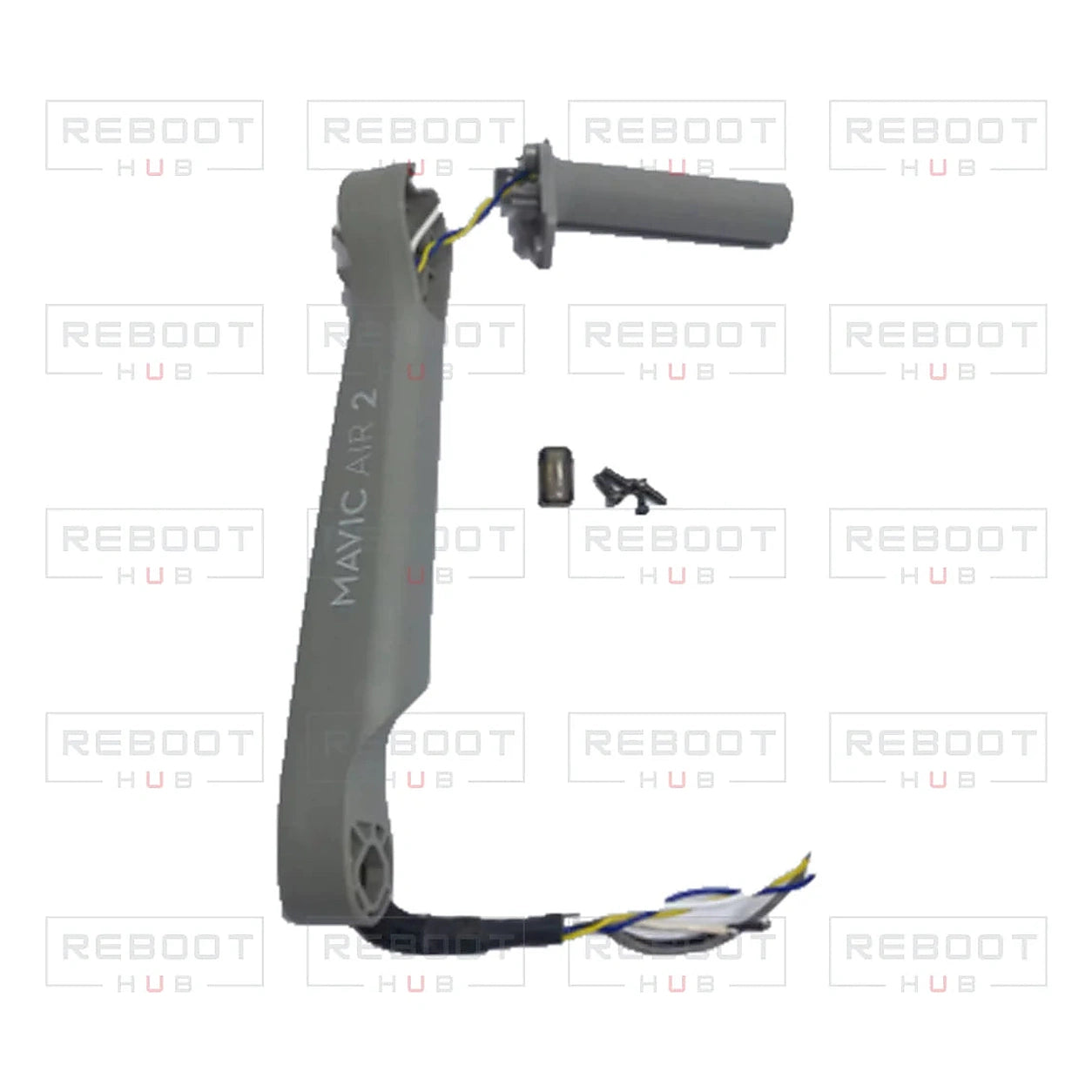 DJI Mavic Air 2 Front Left Arm Shell with LED Cover and Screws close detail view on white with Reboot Hub watermark overlay