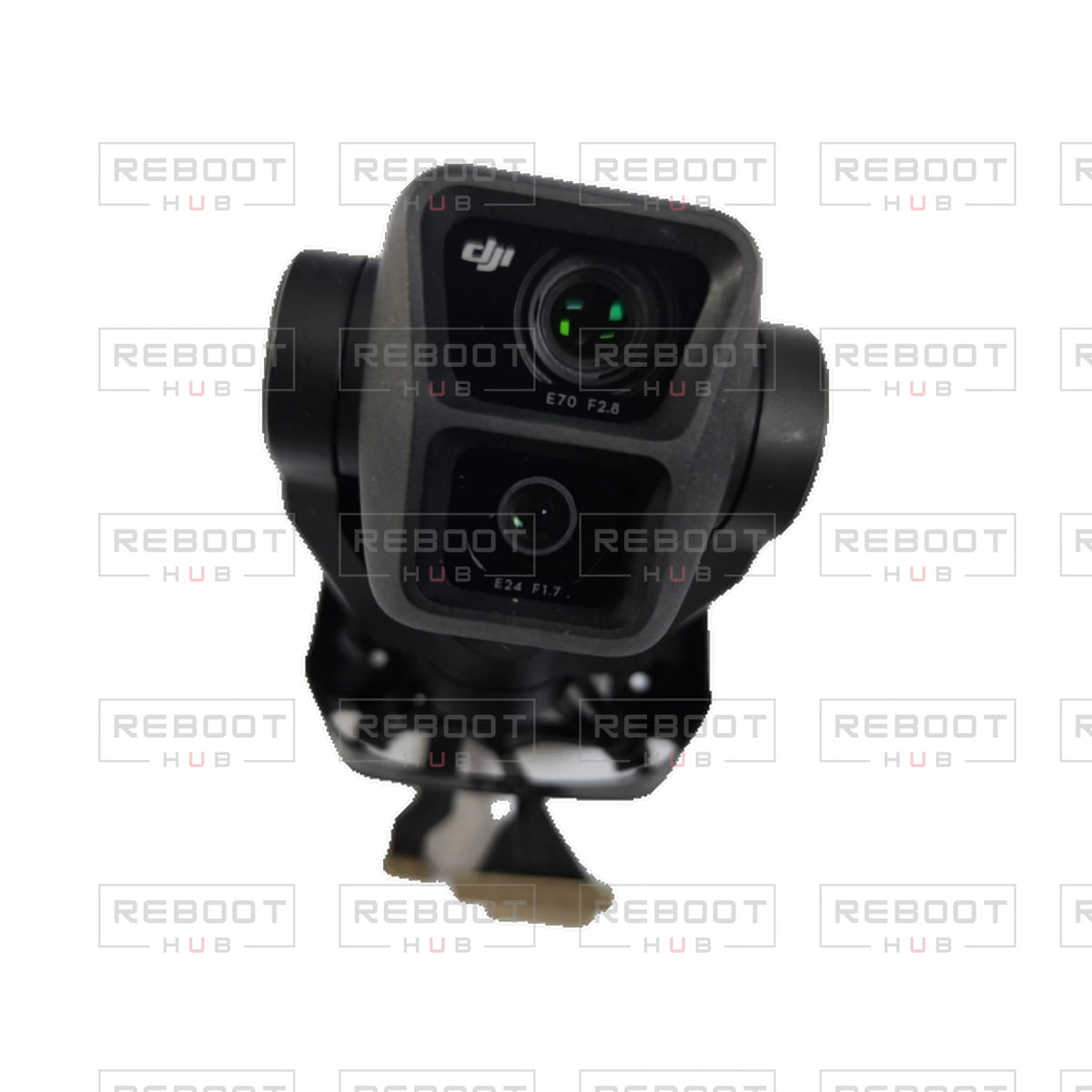 OEM-pulled DJI Air 3 Gimbal Camera Assembly with Lens on white with Reboot Hub watermark overlay — source view 1